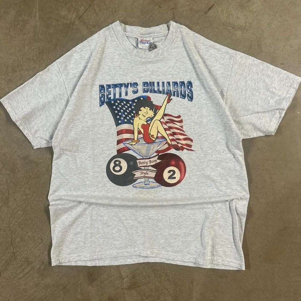 Hanes Gray Betty Boop Billiards Graphic Tee with Red, Blue and Black Accents